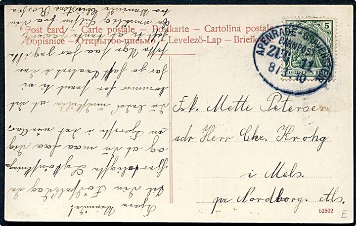 Bovrup, partier med posthus, mølle, bageri og mejeri. A. Juul u/no. Frankeret med 5 pfg. Germania annulleret med bureaustempel Apenrade - Gravenstein Bahnpost Zug 11 d. 8.3.1910 til Nordborg. 