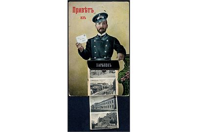 Rusland. Postbud med taske og prospekter fra Charkow. Frankeret med 2 kop. Våben (4) og sendt underfrankeret fra Charkow 1911 til Danmark.
