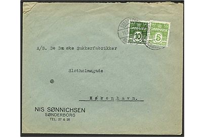 5 øre og 10 øre Bølgelinie på brev fra Sønderborg annulleret med bureaustempel Sønderborg - Mommark Færge T.30 d. 16.9.1930 til København.