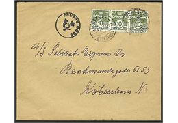 10 øre Bølgelinie i 3-stribe på brev annulleret med bureaustempel Odense - Svendborg T.237 d. 29.4.1953 og sidestemplet med posthornstempel FRUENS BØGE til København. 