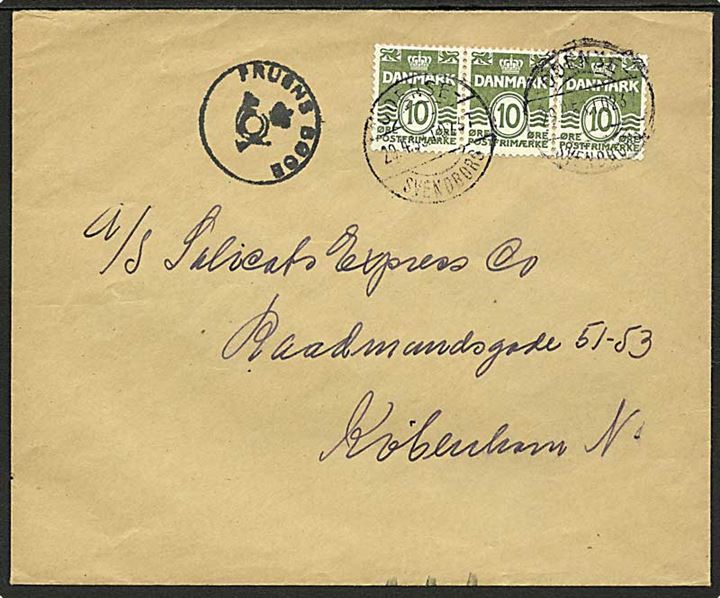 10 øre Bølgelinie i 3-stribe på brev annulleret med bureaustempel Odense - Svendborg T.237 d. 29.4.1953 og sidestemplet med posthornstempel FRUENS BØGE til København. 