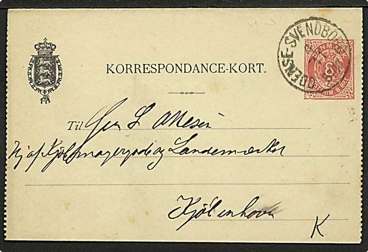 8 øre korrespondancekort annulleret med lapidar bureaustempel Odense - Svendborg d. 4.11.1889 til København.