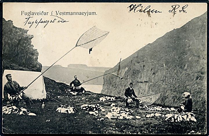 Fuglefangere på Vestmannaøerne. O. Johnson & Kaaber no. 7750. Afrevet frimærke. 