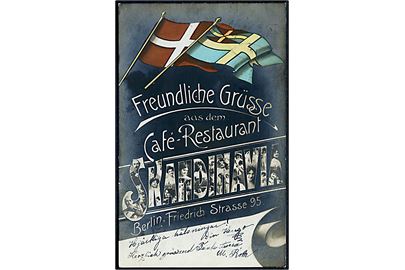 Berlin, Freundliche Grüsse fra Café-Restaurant Skandinavia med dansk og svensk flag.