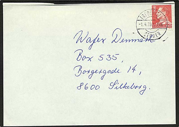 60 øre Fr. IX på brev annulleret med bureaustempel Fredericia - Struer T.746 d. 1.4.1970 til Silkeborg.