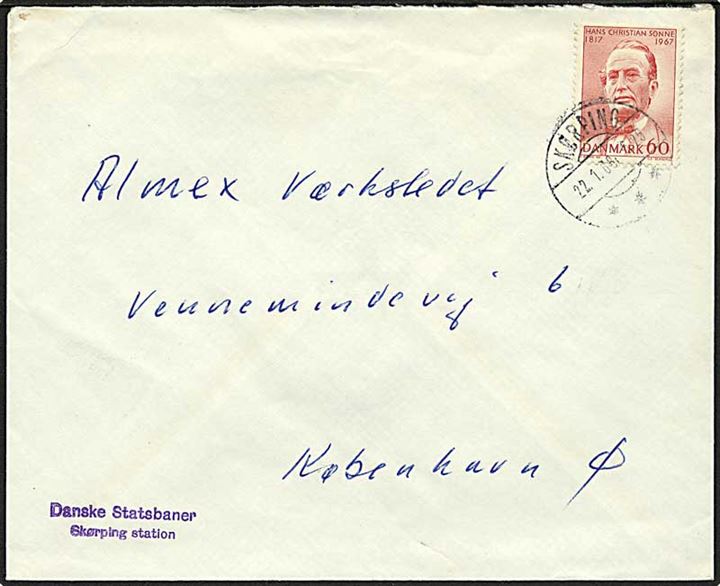60 øre H. Chr. Sonne på brev fra Skørping d. 22.1.1968 til København. Afs.-stempel: Danske Statsbaner / Skørping station.