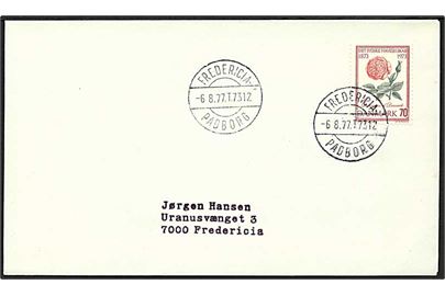 70 øre Jydske Haveselskab på brev annulleret med bureaustempel Fredericia - Padborg T.7312 d. 6.8.1977 til Fredericia.