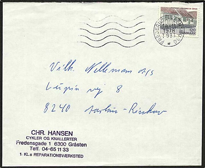 120 øre Landsdels udg. på brev fra Gråsted annulleret med maskin bureaustempel Fredericia - Flensburg T.993 d. 14.11.1978 til Risskov.