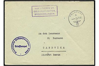 1941 tysk feltpostbrev d. 29.7.1941 til Sandvika. Briefstempel Feltpost 31898 = Stab Divisions Nachschuptrupp 710, samt i kasse “Kan leveres ut Oslo Postkontor, Brevavdelingen”. Flotte stempler!