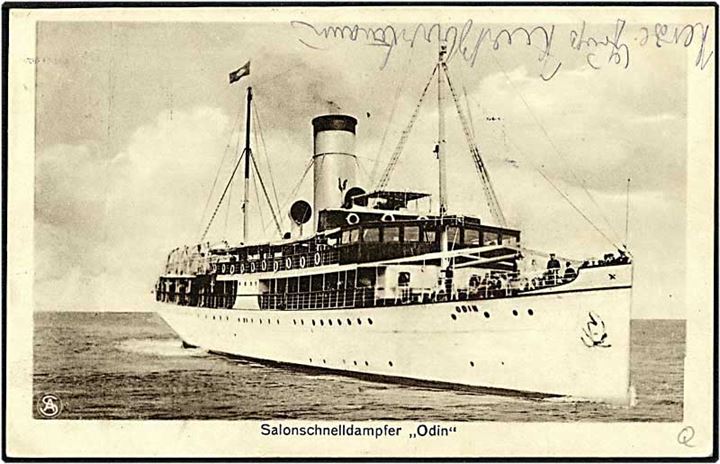 25 øre Chr. X, singel på skibskort stempelt København d. 8.6.1925, sendt til Tyskland. Sidestempel Salon-Schnell-Dampfer “Odin” auf hoher See. Odin sejlede mellem Stetin og København via Bornholm - sjældent stempel!
