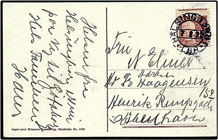 15 øre Gustav på postkort fra Hälsingborg d. 7.8.1922 til København Mærket er “Fejlskåret”, ca. 1 mm af bunden af mærket sidder ovenover, med fuld hvid marginal imellem!