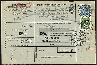 25 øre blå Karavel og 5 øre grøn Bølgelinie på retur Indkasserings-Indbetalingekort fra Nibe d. 1.12.1934 til Aalborg. 