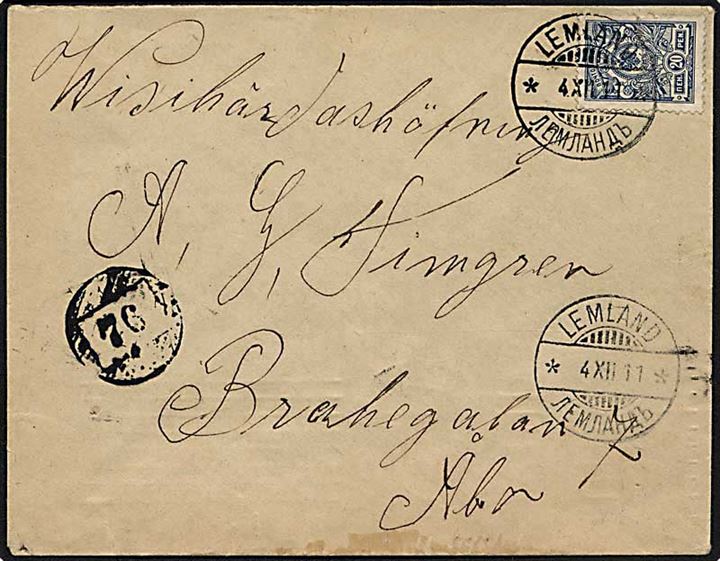 20 pen Våben (rift) på brev annulleret med 2-sproget stempel Lemland d. 4.12.1911 og sidestemplet med landpost-stempel “76” (Rute: Lemland-Flaka) til Åbo.