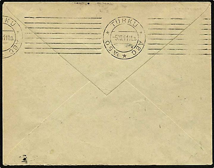 20 pen Våben (rift) på brev annulleret med 2-sproget stempel Lemland d. 4.12.1911 og sidestemplet med landpost-stempel “76” (Rute: Lemland-Flaka) til Åbo.