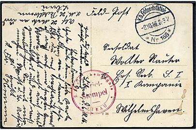 Ufrankeret feltpostkort (Libau Winterhafen) dateret i Libau med feltpoststempel K.D. Feldpoststation * Nr. 168 * d. 8.10.1916 til Wilhelmshaven. Rødt briefstempel 2. Marine-Kompagnie Libau. Sendt fra sømand ombord på tanker S.M.H. Pechelbronn.