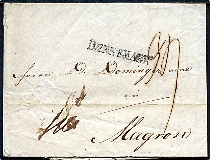 1800. Franco brev med indhold dateret i København d. 23.8.1800 til Magron, Frankrig. Liniestempel DÆNNEMARK fra Hamburg.