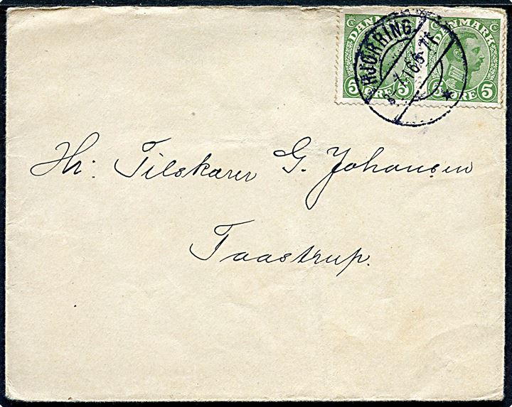 5 øre Chr. X i parstykke på brev annulleret brotype IIb Hjørring * d. 3.7.1916 til Taastrup.
