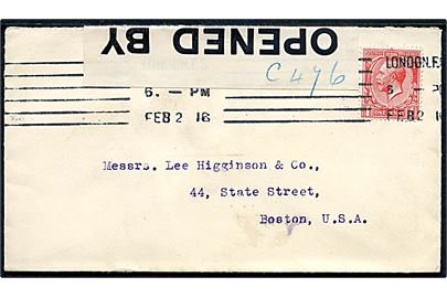 1d George V på brev fra London d. 2.2.1916 til Boston, USA. Åbnet af britisk censur med fortrykt banderole og håndskrevet censor-nr. C476.