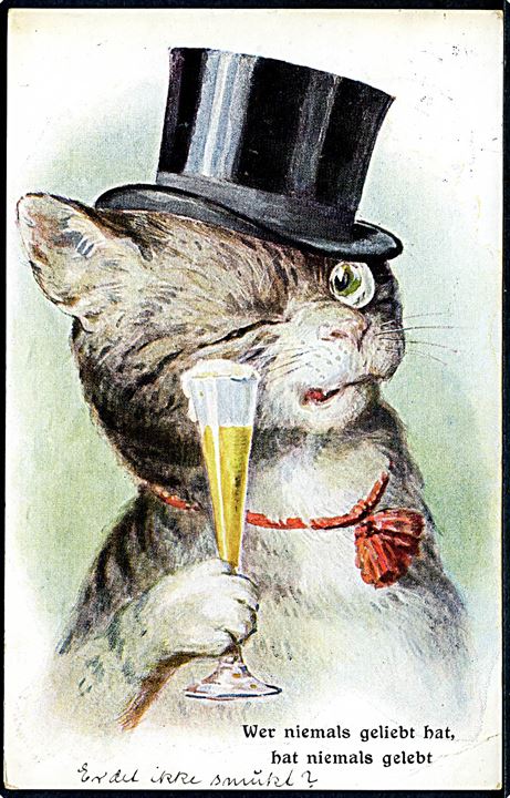 Tegnet kat med Champagneglas og hat. K. & B., C. Serie 3101. 