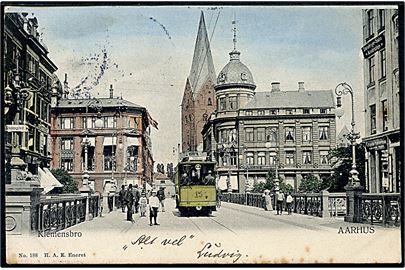 Aarhus. Klemensbro med sporvogn til Trøjborgvej, vogn no. 15. H.A. Ebbesen no. 188.