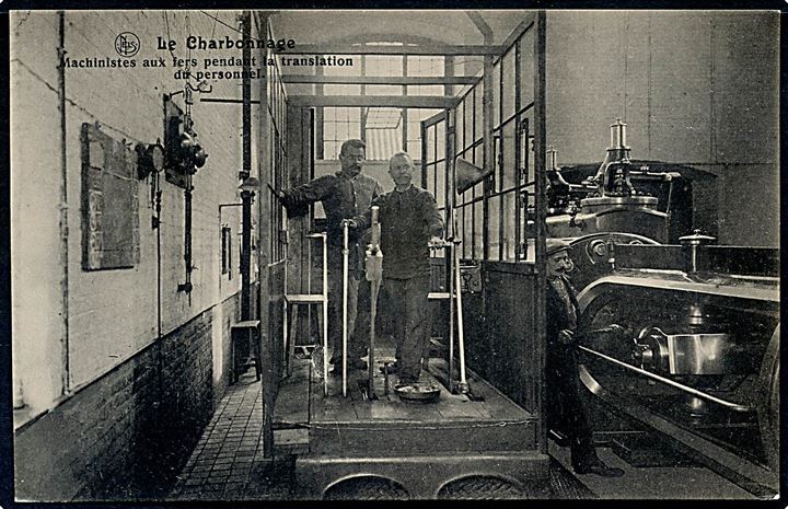 Belgien. Le Charbonnage. Maskinrummet med personale ved en kulminedrift. Ed. Nels, Bruxelles no. 6.