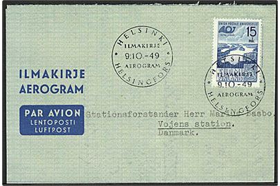 15 mk. på aerogram stemplet Helsinki d. 9.10.1949 til Vojens, Danmark.