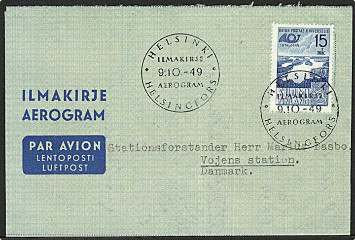 15 mk. på aerogram stemplet Helsinki d. 9.10.1949 til Vojens, Danmark.