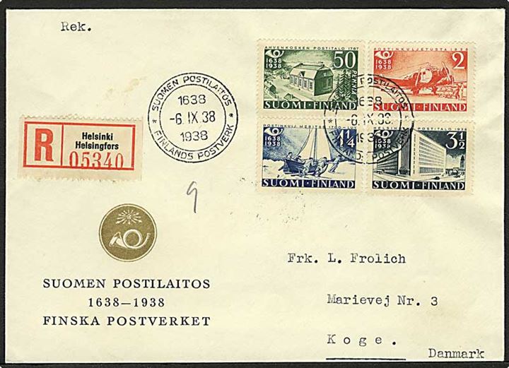 Komplet sæt Postjubilæum på anbefalet FDC fra Helsingfors d. 6.9.1938 til Køge, Danmark.