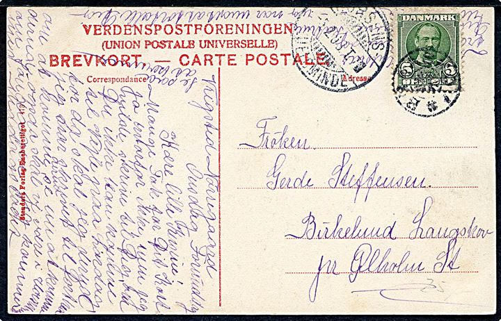 Hobro Skovpavillonen. Stenders no. 473. Med 5 øre Fr. D. VIII, annulleret med svagt stjernestempel Braaskov, samt sidestempel Horsens - Juelsminde 1908, sendt til Ølholm Station.