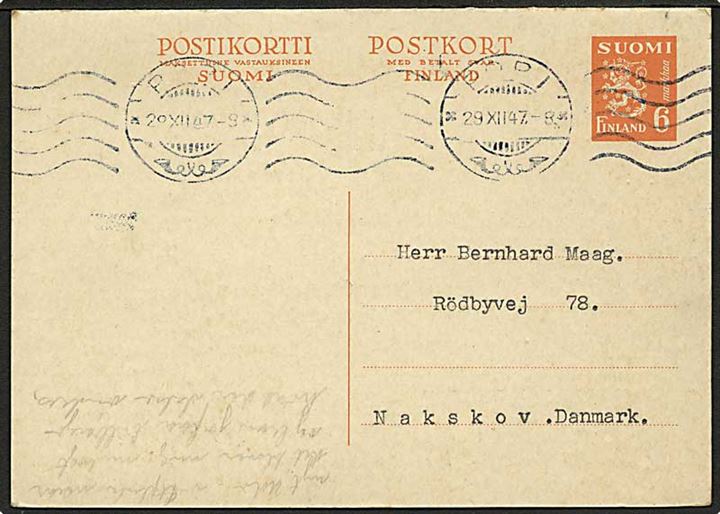 6+6 mk. dobbelt helsagsbrevkort fra Pori d. 29.12.1947 til Nakskov, Danmark. Vedhængende ubenyttet svardel.