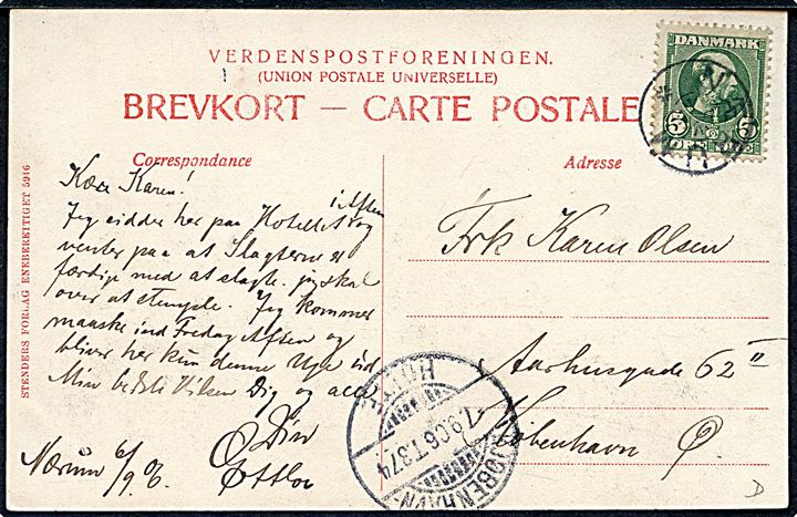 Nærum. Ved Gadekæret. Stenders no. 5946. Med 5 øre Chr. D. IX, annulleret med stjernestempel Nærum, Bureau sidestempel København - Holte T.374 d. 7.9.1906, sendt til Købh.