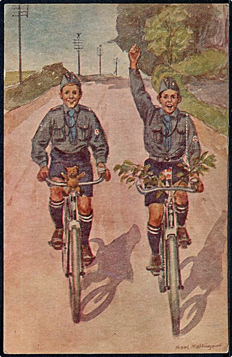 Axel Mathiesen: 2 spejdere på cykeltur. F. D. F. postkort no. 6.