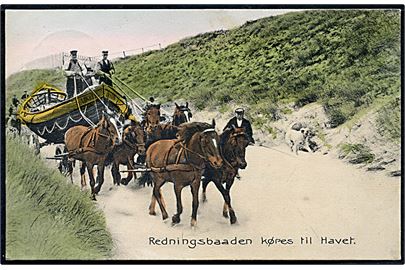 Redningsbaaden Løkken køres til Havet. Kortet anvendt i Lemvig med 5 øre Fr. d. VIII, annulleret med Bureau stempel Vemb - Thyborøn d. 11.7.1911 T6, sendt til Hellerup.