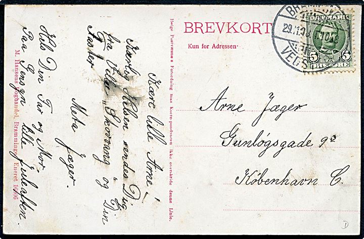 Skovvang, Hunderup pr. Bramminge med mølle i baggrunden. M. Hansen no. 16606. Annulleret med bureaustempel Bramminge - Vedsted T.1058 d. 29.11.1908, sendt til Købh.