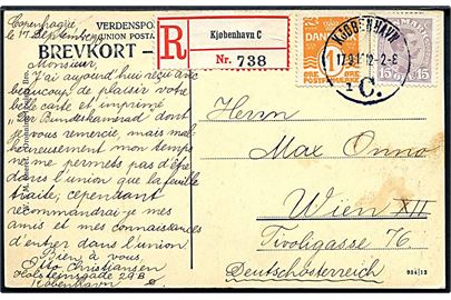 5 øre Tjenestemærke, 1 øre, 4 øre Bølgelinie og 15 øre Chr. X på for- og bagside af 25 øre anbefalet brevkort fra Kjøbenhavn d. 17.9.1919 til Wien, Østrig. Usædvanlig blandingsfrankatur. 