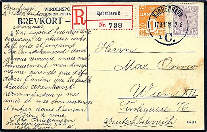 5 øre Tjenestemærke, 1 øre, 4 øre Bølgelinie og 15 øre Chr. X på for- og bagside af 25 øre anbefalet brevkort fra Kjøbenhavn d. 17.9.1919 til Wien, Østrig. Usædvanlig blandingsfrankatur. 