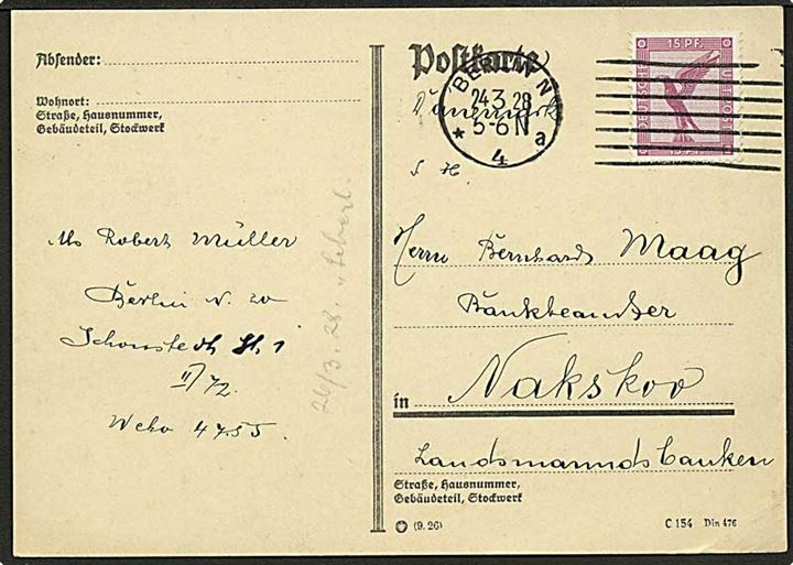 15 pfg. Luftpost på brevkort fra Berlin d. 24.3.1928 til Nakskov, Danmark.