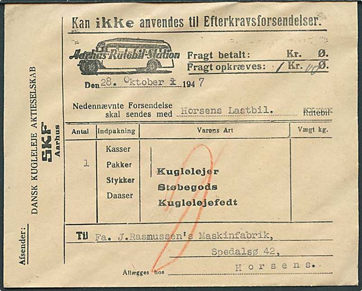 Aarhus Rutebil Station fragtbrevskuvert for forsendelse fra Aarhus d. 28.10.1947 til Horsens.