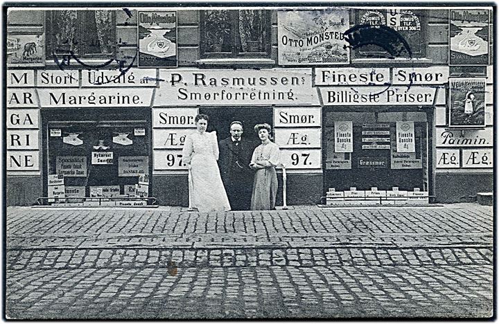 Sølvgade 97 med P. Rasmussens Smørforretning. O. Eide no. 19703. Tyndt hjørne. Kvalitet 6