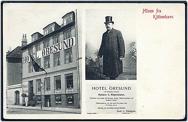 Nyhavn 3 “Hotel Øresund” med facade og ejer Axel L. Dahlgren. Reklamekort u/no. Kvalitet 7