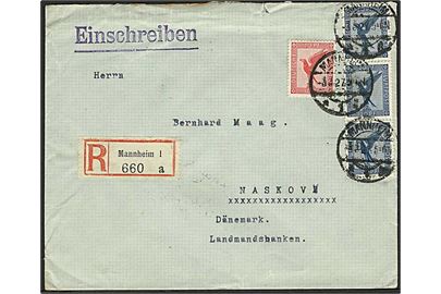 10 pfg. og 25 pfg. (3) Luftpost på anbefalet brev fra Mannheim d. 3.3.1927 til Nakskov, Danmark.