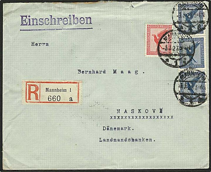 10 pfg. og 25 pfg. (3) Luftpost på anbefalet brev fra Mannheim d. 3.3.1927 til Nakskov, Danmark.