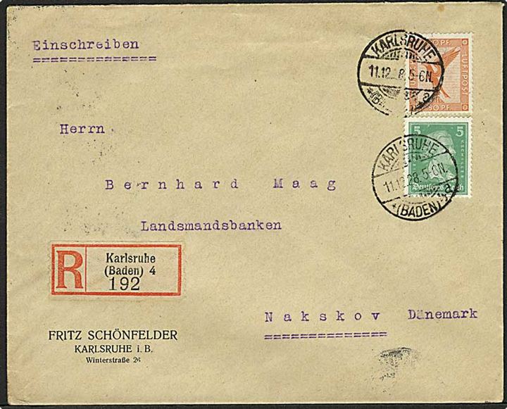 5 pfg. Schiller og 50 pfg. Luftpost på anbefalet brev fra Karlsruhe d. 11.12.1928 til Nakskov, Danmark.