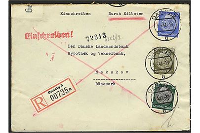 25 pfg., 30 pfg. og 50 pfg. Hindenburg på anbefalet ekspresbrev fra Danzig d. 3.3.1941 til Nakskov, Danmark. Åbnet af tysk censur i Berlin.
