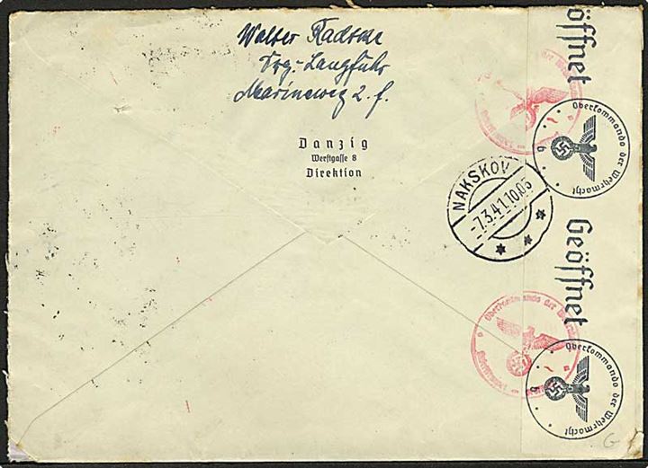 25 pfg., 30 pfg. og 50 pfg. Hindenburg på anbefalet ekspresbrev fra Danzig d. 3.3.1941 til Nakskov, Danmark. Åbnet af tysk censur i Berlin.