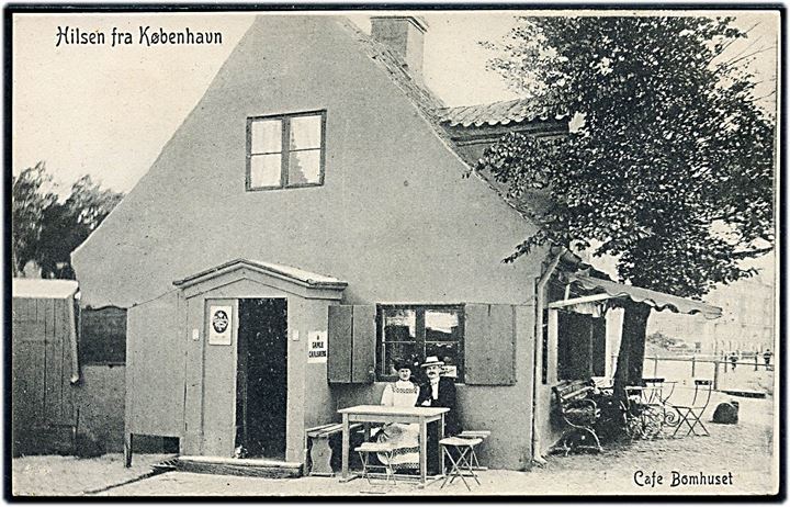 Langebrogade med Café Bomhuset. F. M. no. 510. Tidl. ejerstempel på bagsiden. Kvalitet 7