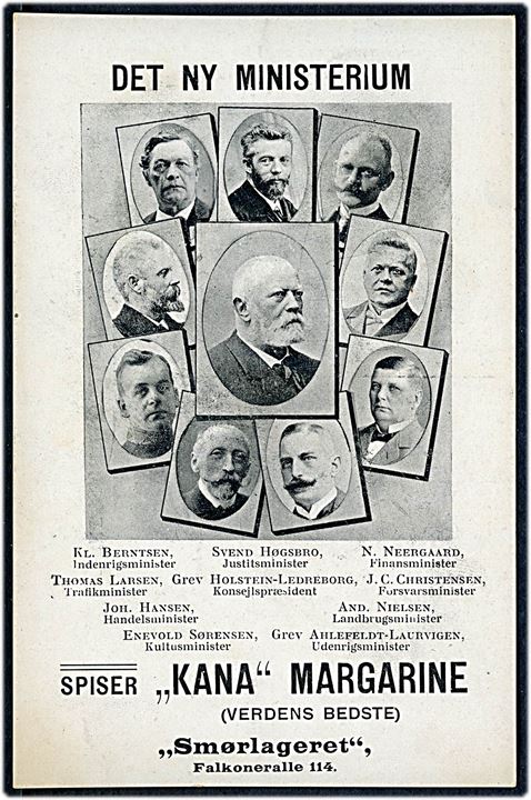 Politik. Det nye Ministerium, Greve Holstein-Ledreborg (Venstre) fra 16.8.1909. Reklamekort. L. Levison u/no.  Kvalitet 8