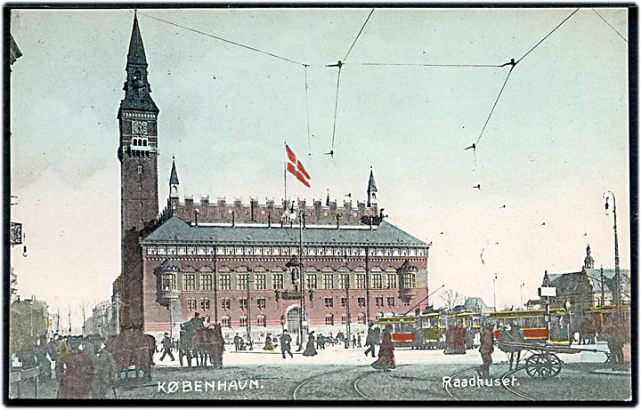 Raadhuspladsen med rådhuset og sporvogne. A. Vincent no. 4080. Kvalitet 9