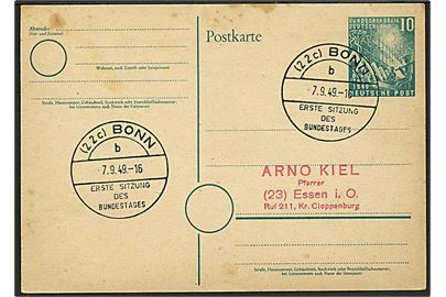 10 pfg. 1. Bundestag helsagsbrevkort annulleret med særstempel fra Bonn d. 7.9.1949 til Essen.