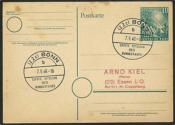 10 pfg. 1. Bundestag helsagsbrevkort annulleret med særstempel fra Bonn d. 7.9.1949 til Essen.